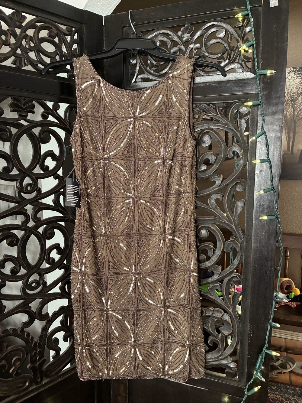 Prelude Hand Beaded Sequin Formal Evening Gown Dress Gray Taupe Size 8 Art Deco